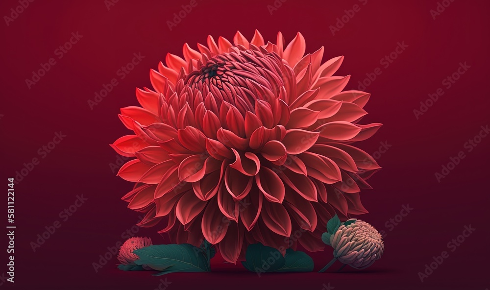  a large red flower with green leaves on a red background with a black bug on the center of the flow