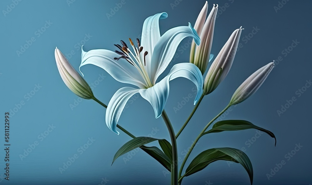 a white flower with green leaves on a blue background with a blue sky in the back ground and a blue