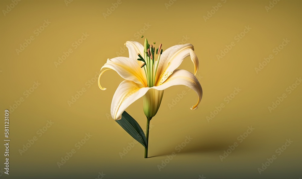  a single white flower on a yellow background with a shadow on the ground and a green stem in the ce