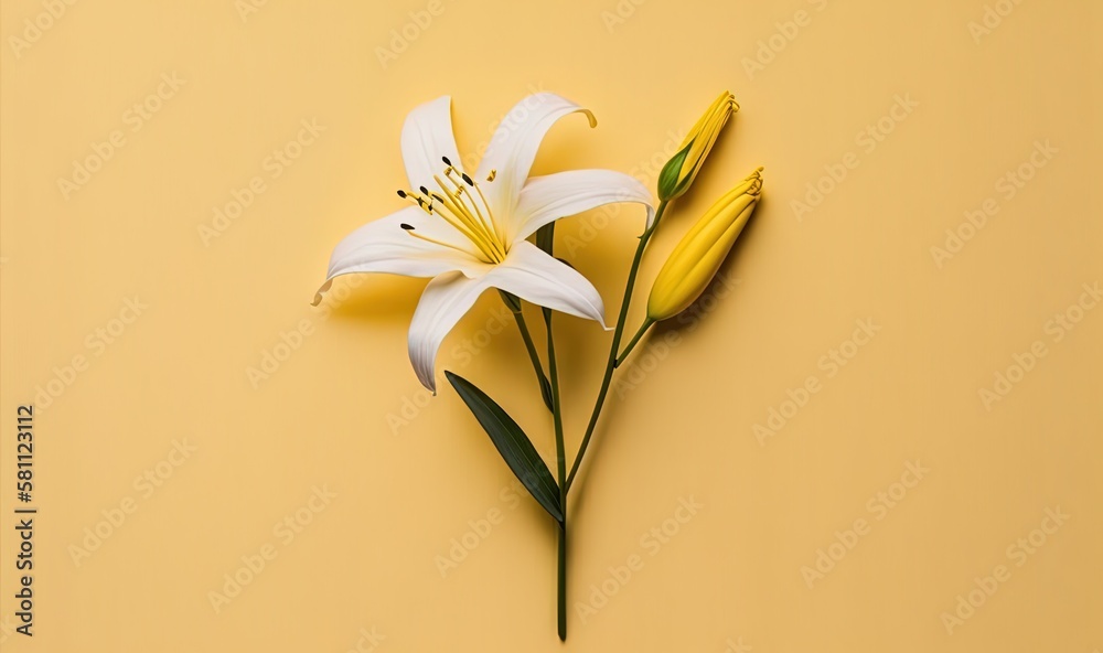  two white lilies on a yellow background with green leaves and stems in the center of the image, wit