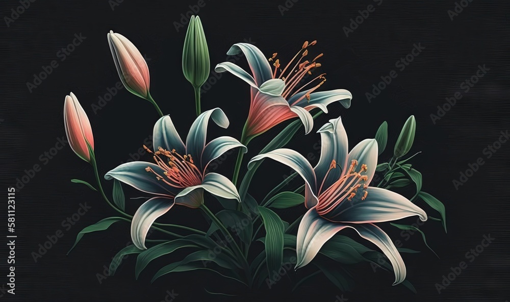  a painting of a bouquet of flowers on a black background with green leaves and orange stamens in th