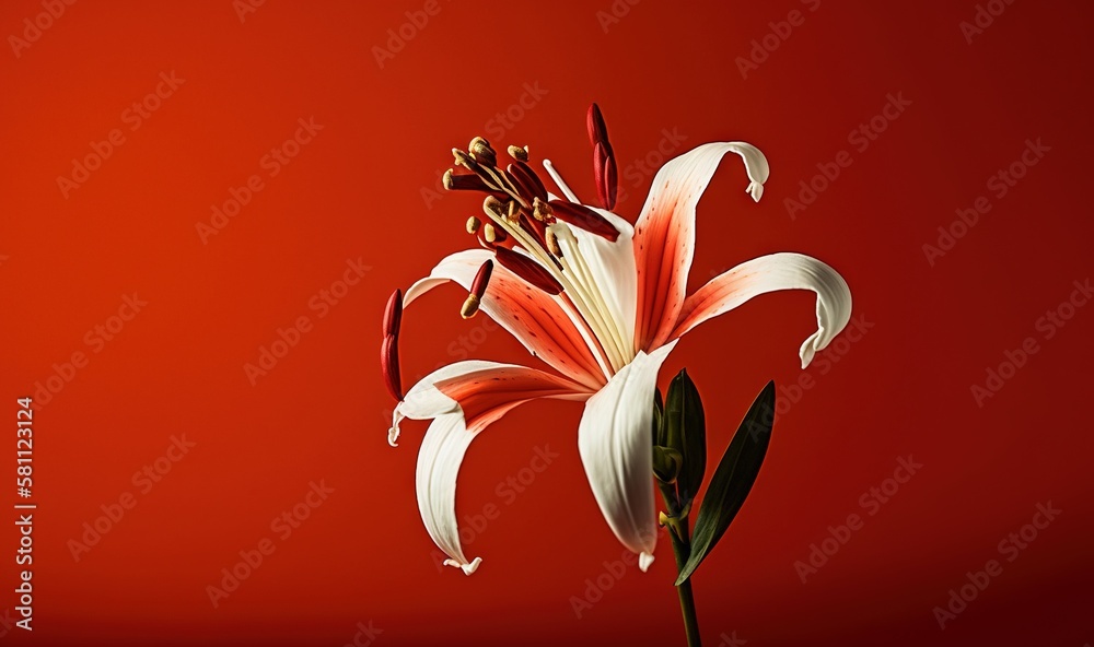  a white and red flower on a red background with a green stem in the center of the flower and a red 