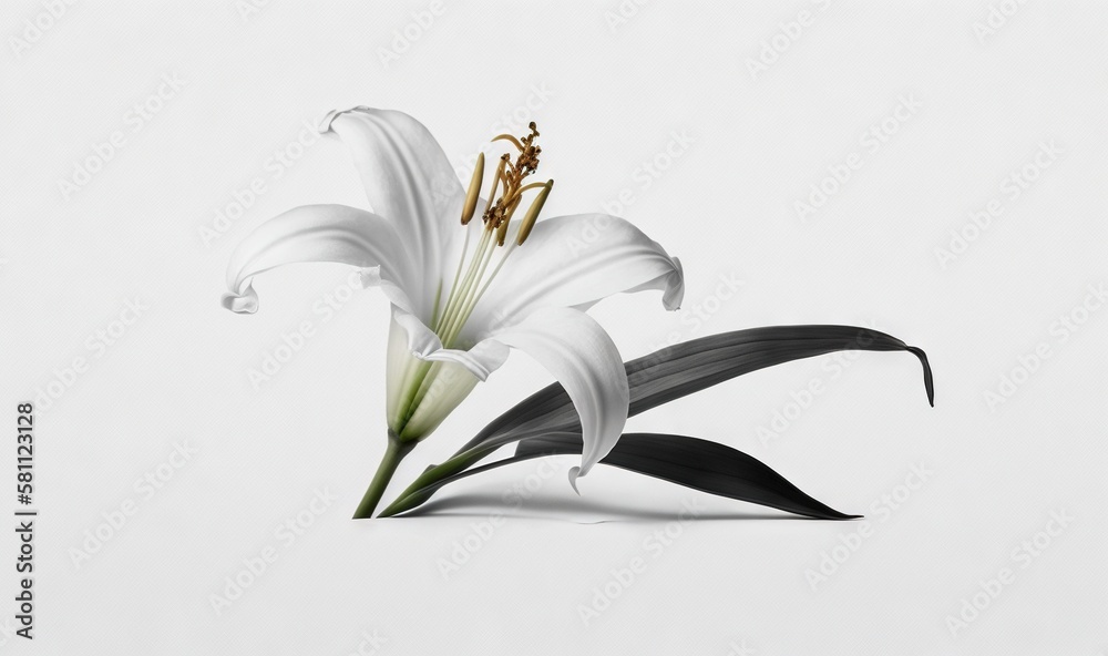  a single white flower with black leaves on a white background with room for text or image to put on