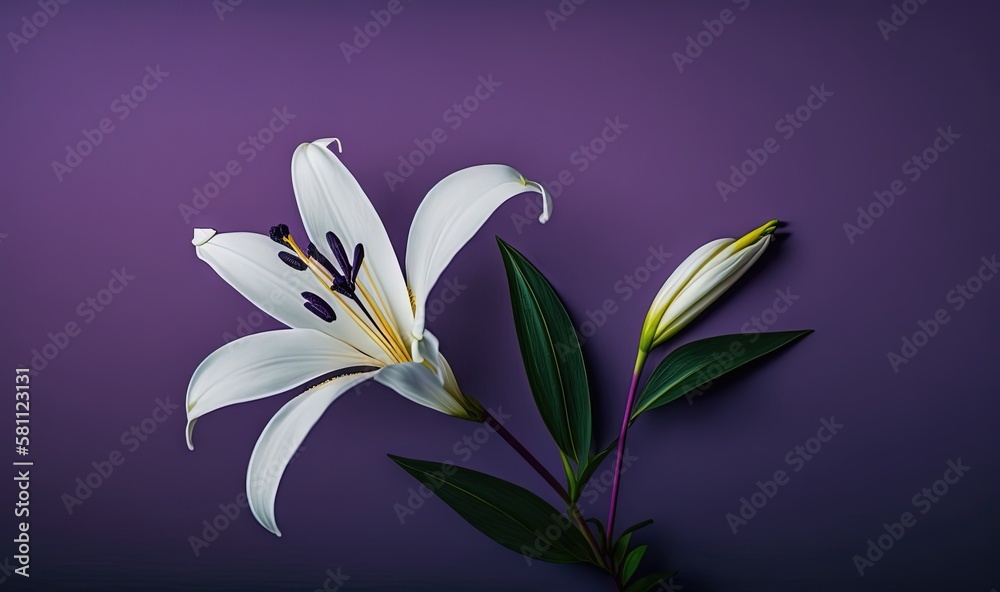  a white flower with a green stem on a purple background with a purple background and a purple backg