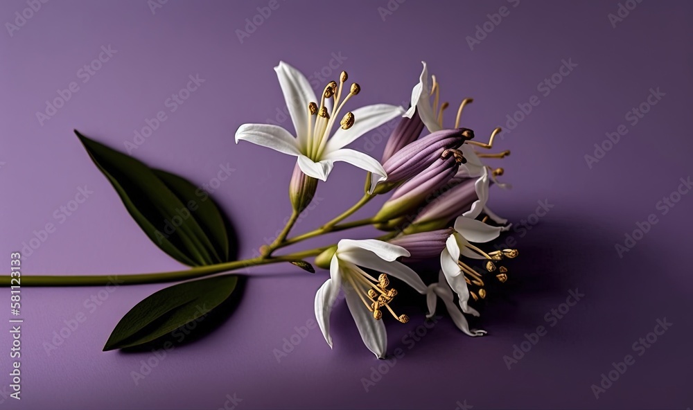  a bunch of white and purple flowers on a purple surface with a green stem and green leaves on the e