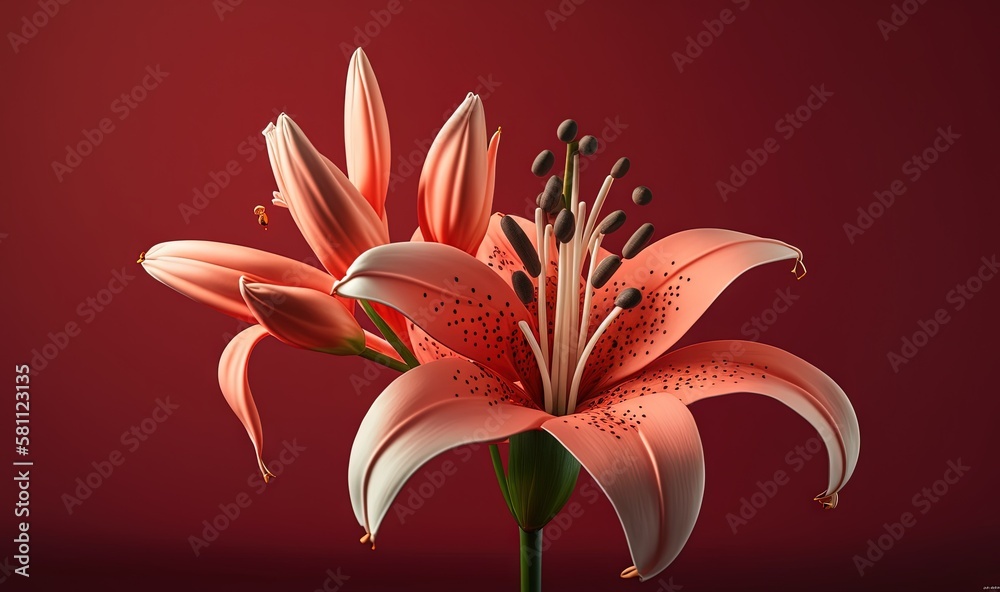  a close up of a pink flower on a red background with a black spot on the center of the flower and a