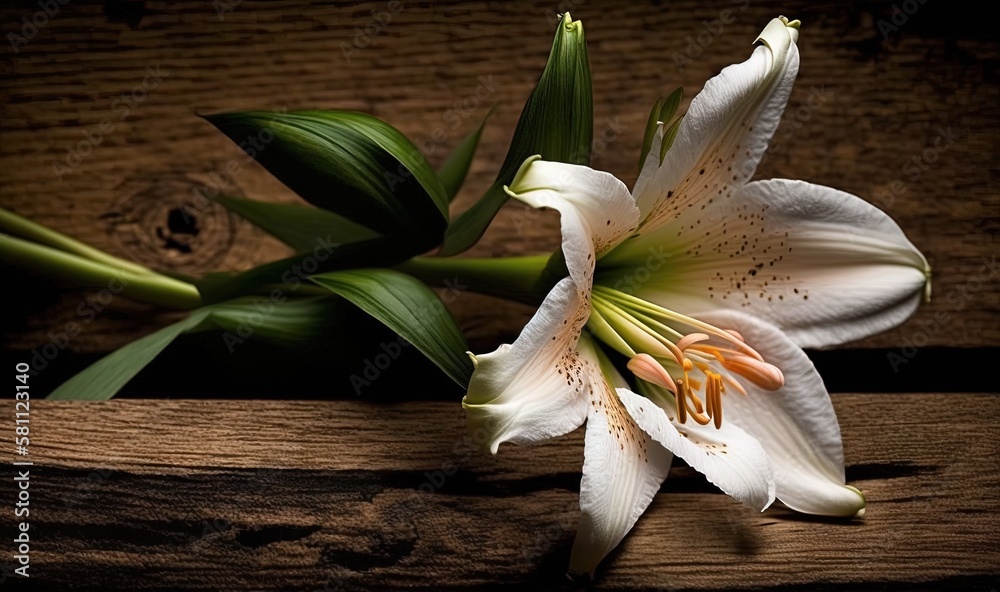  a white flower is sitting on a wooden table with green leaves on its stem and a dark background wi