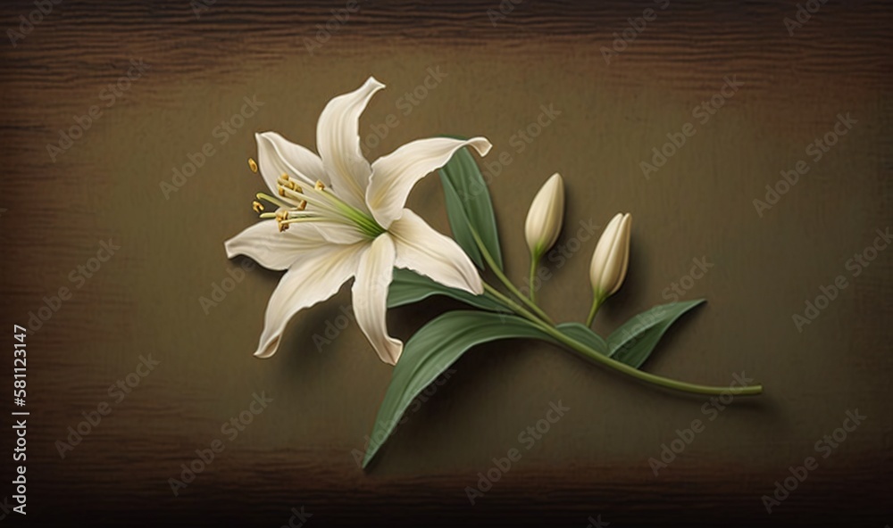  a white flower with green leaves on a brown background with a black border around the center of the