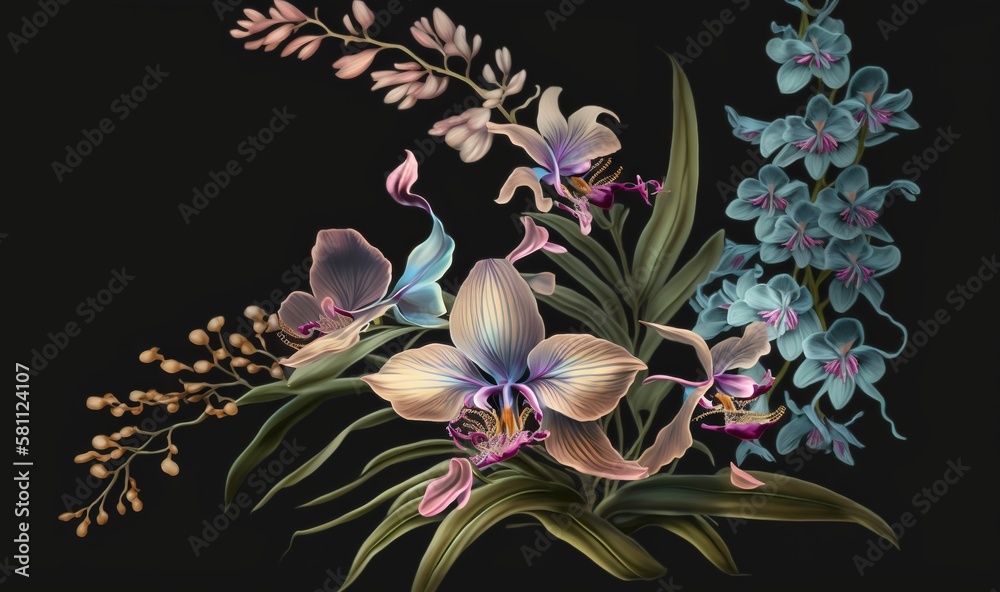  a painting of a bouquet of flowers on a black background with leaves and flowers in the center of t