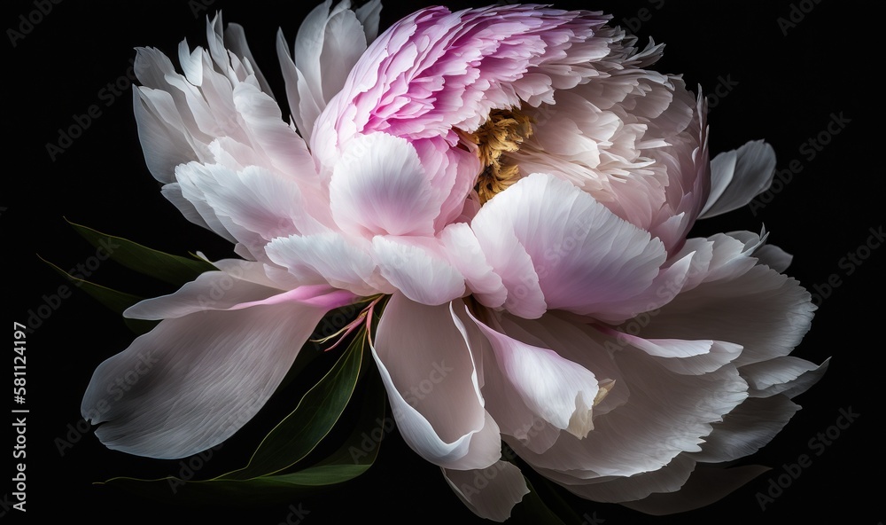  a large pink flower with green leaves on a black background with a black background and a white flo