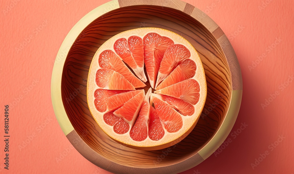  a grapefruit cut in half in a wooden bowl on a pink surface with a pink wall in the background and 