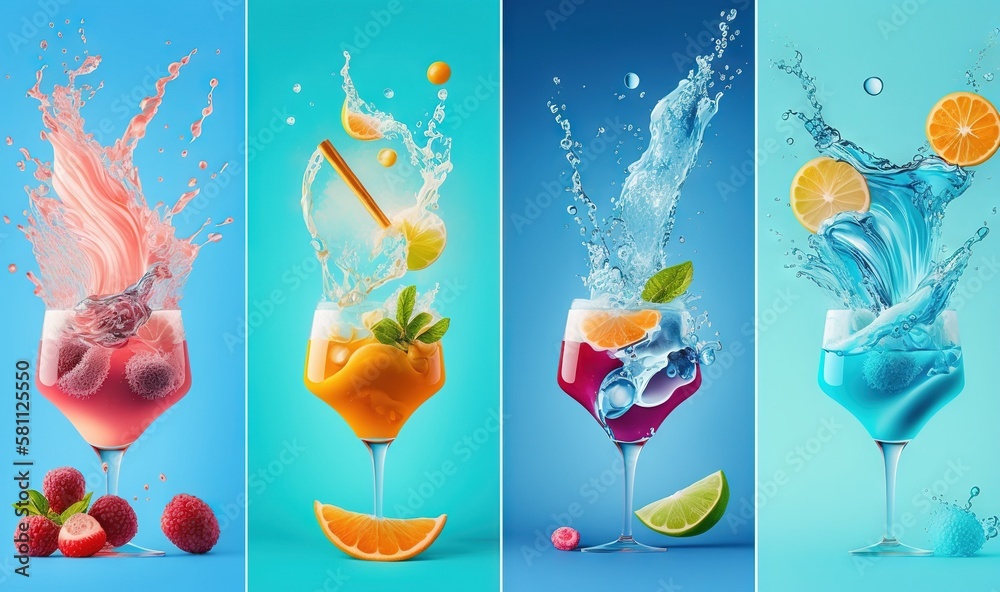  a series of three shots of different drinks with splashes of water and fruit on the side of the gla