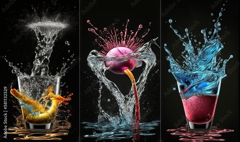  three different shots of water splashing into a glass with a flower in it and a yellow duck in the 