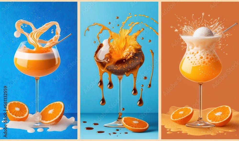  a series of three pictures with oranges and a drink in it, and a splash of liquid coming out of a g