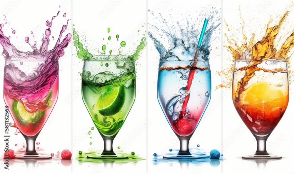  four glasses of different colored drinks with splashes of water and a slice of lime on the side of 