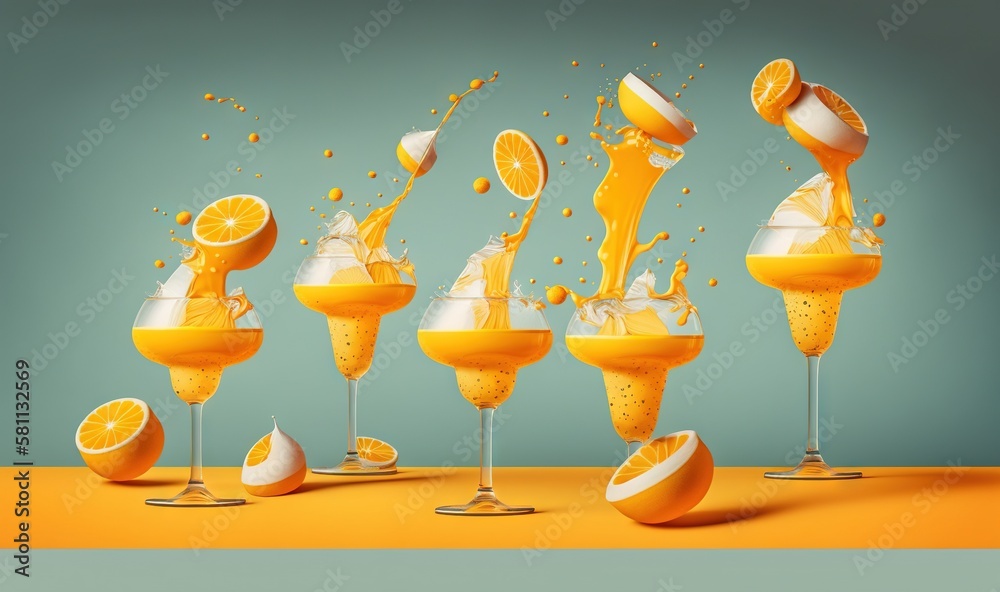  a group of glasses filled with orange juice and splashing orange slices into them, with a blue back