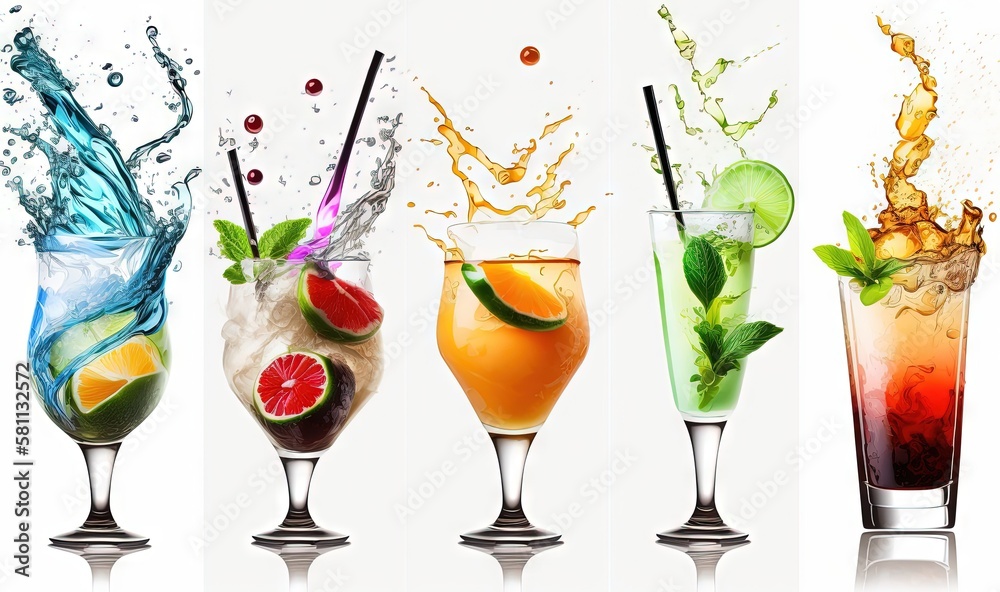  a series of four shots of different drinks with splashes of water and fruit in them, all in differe