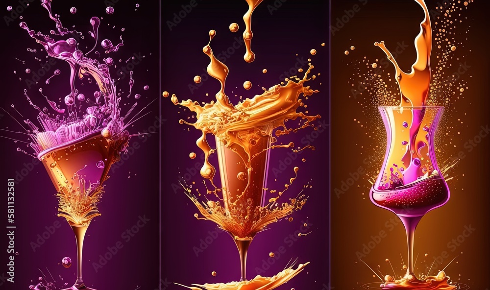  a set of three images with splashes of liquid and a glass of orange juice on a purple background wi