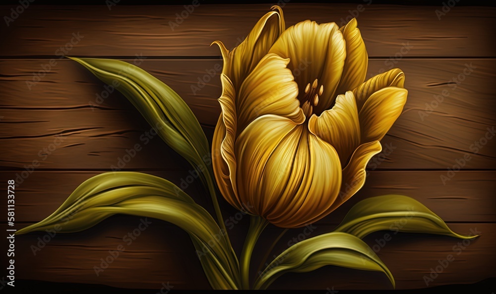  a painting of a yellow flower on a wooden background with a green leafy stem on the end of the flow