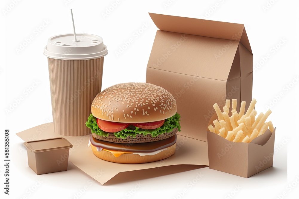Burger and fries, coffee, and eco friendly delivery package isolated on a white background. concept 