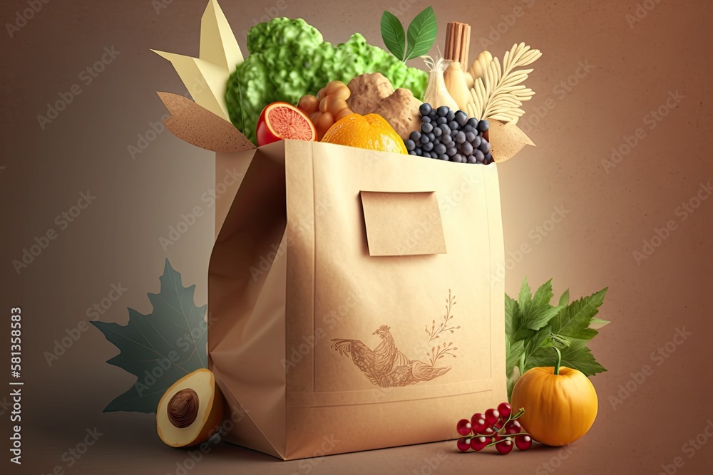 Proper nutrition.Healthy food paper bag.healthy food background. supermarket food concept.home deliv