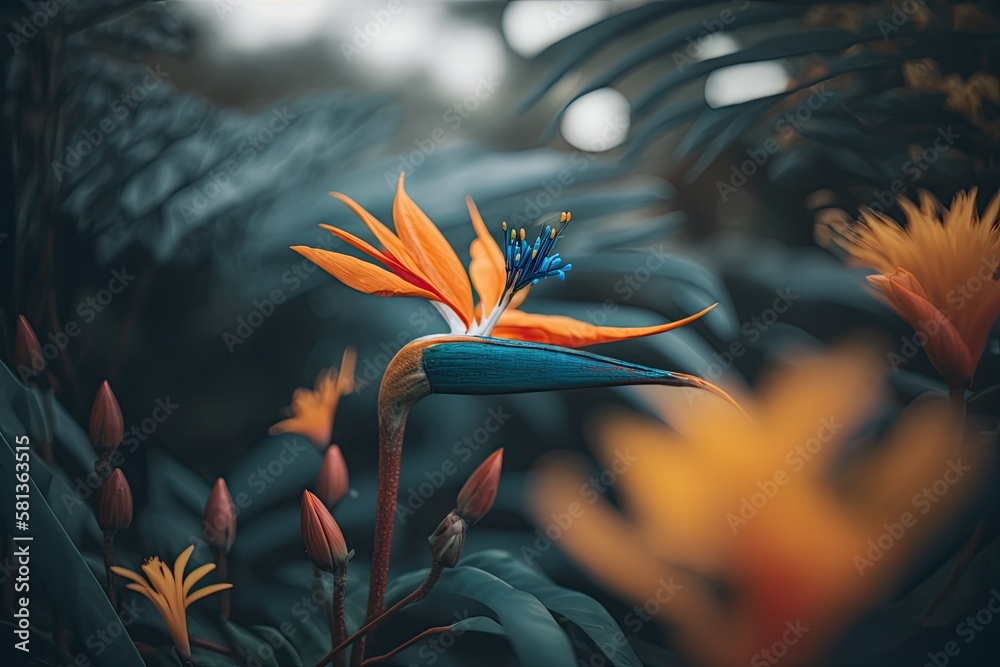 The selective focus shot of an orange Bird of Paradise plant in with a blurred blue flower field bac