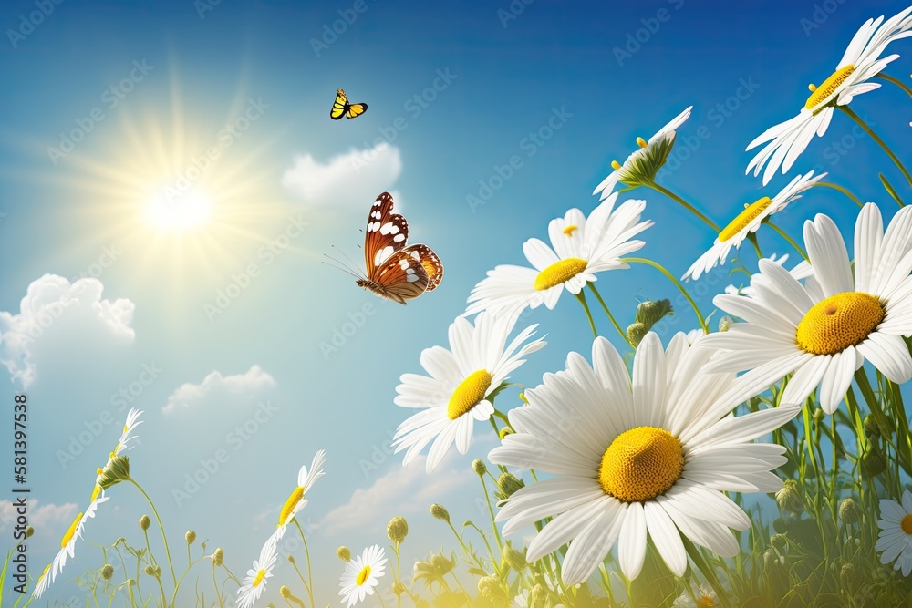 Panorama of nature showing chamomile daisies in a summer field in the spring against a blue sky with