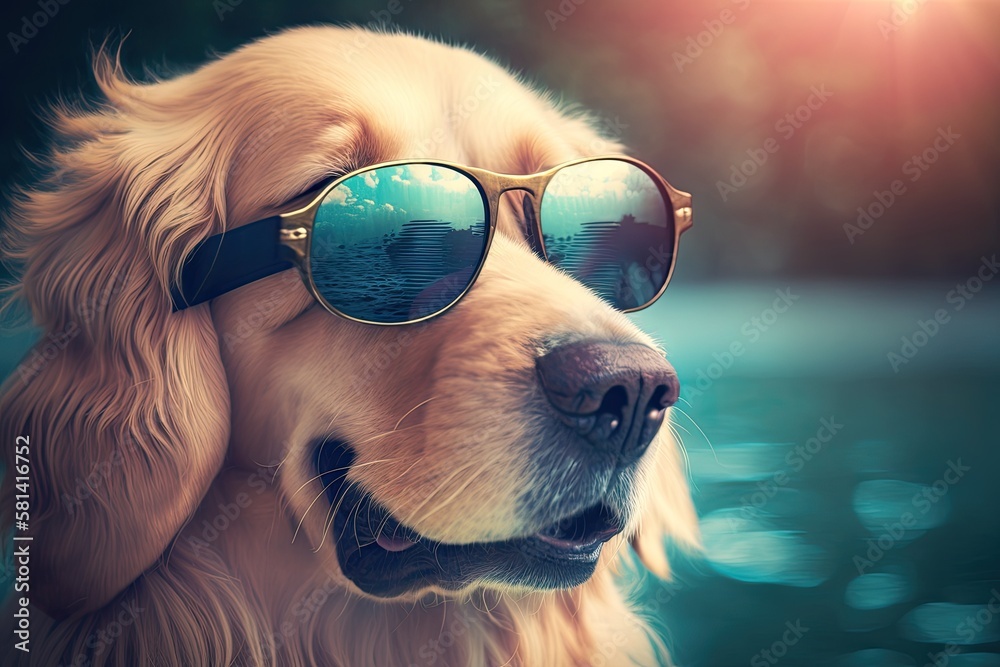 a lovely golden retriever wearing sunglasses and toned with a vintage throwback Instagram filter. Ge
