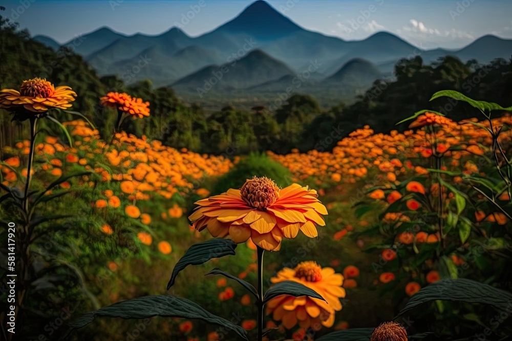 The beautiful of Mexican sunflower field in full bloom at the Bua Tong Field, Mae Hong Son province,