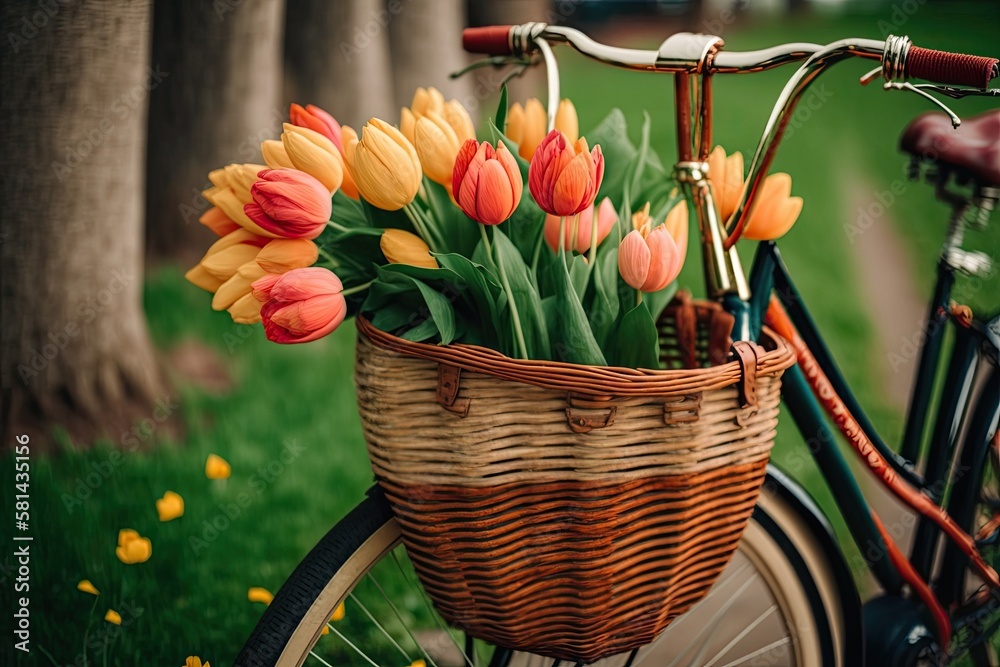 a colorful bouquet of tulips in a wicker bicycle basket against a background of a park. in floral at