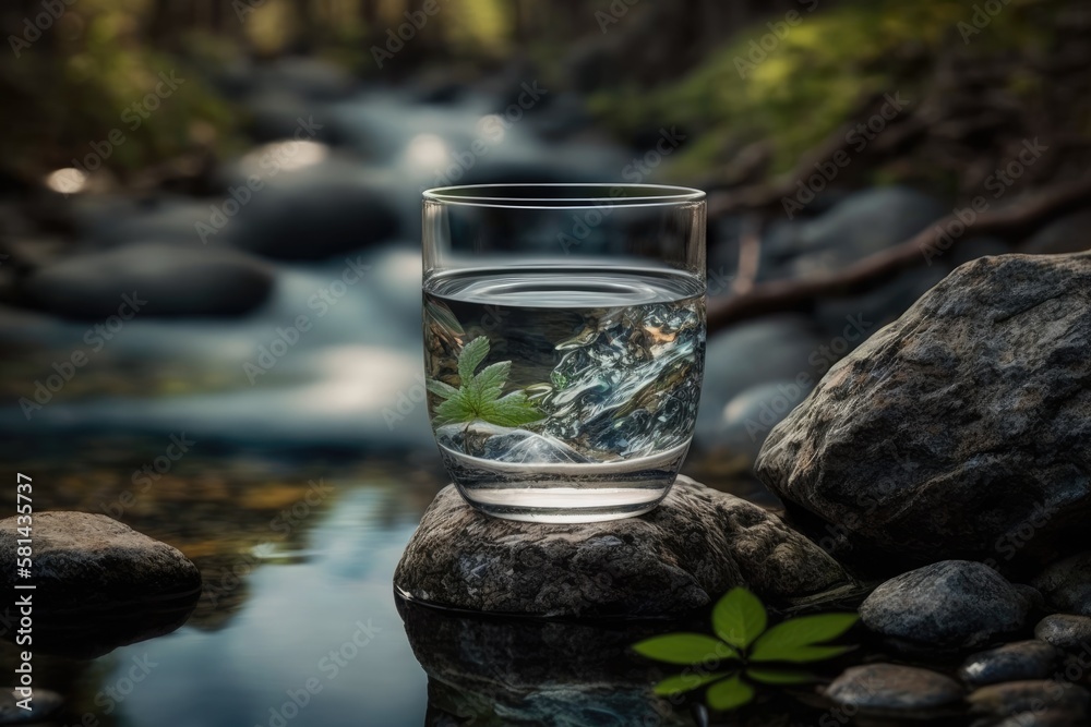 a glass of clear, clean drinking water on a stone in a forested area next to a stream or mountain sp