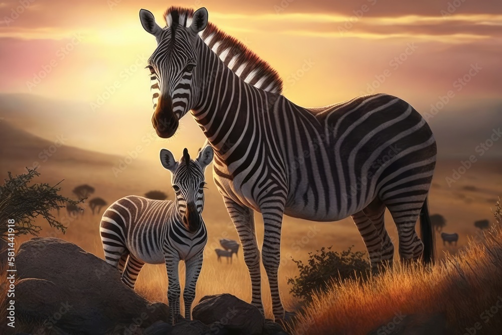 While on safari, a mother zebra and her young calf may be seen grazing and grooming on a hill while 