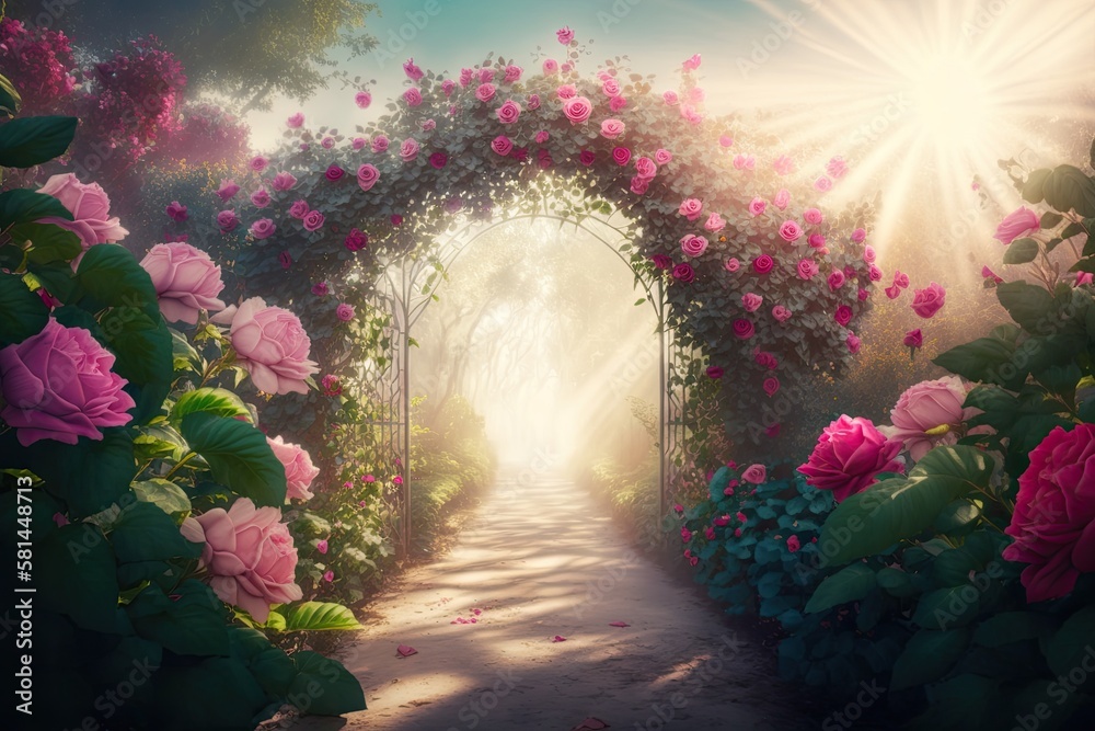 Fantasy pink Roses Flowers bloom and Road leads forward in Fabulous Mystical Paradise Garden. Myster