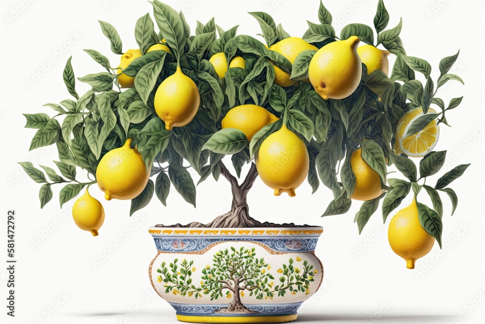 Illustration of a decorative lemon tree in a ceramic container set against a white background. Gener