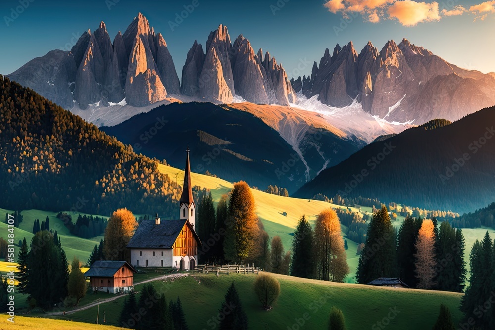 Val di Funes valley, Trentino Alto Adige region, Italy Sunset at renowned alpine Santa Maddalena vil