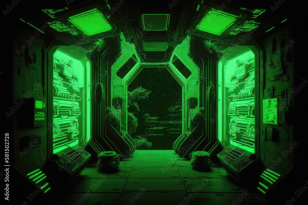An illustration of an abstract, dark, blazing, green, sci fi, future spaceship or space station inte