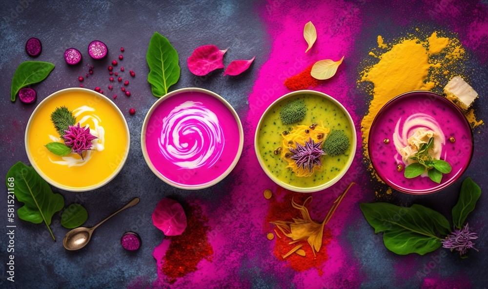  three bowls of different colored food on a purple and pink surface with leaves and flowers around t