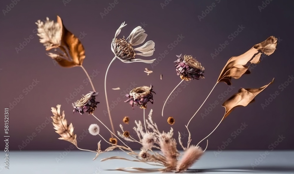  a bunch of dried flowers sitting on top of a blue table top next to a purple wall with a black back