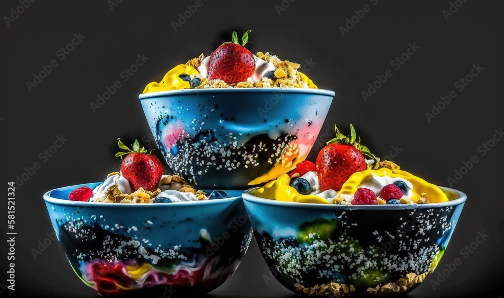 three bowls of cereal with strawberries and blueberries on top of each bowl, all in different color