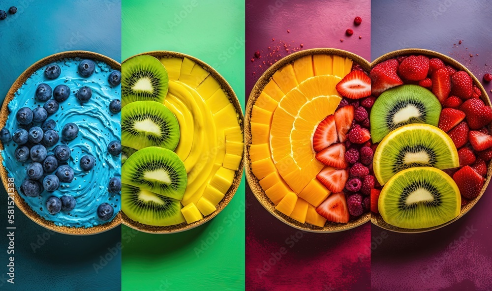  a bowl of fruit with kiwis, strawberries, and blueberries in it on a multi - colored background wit