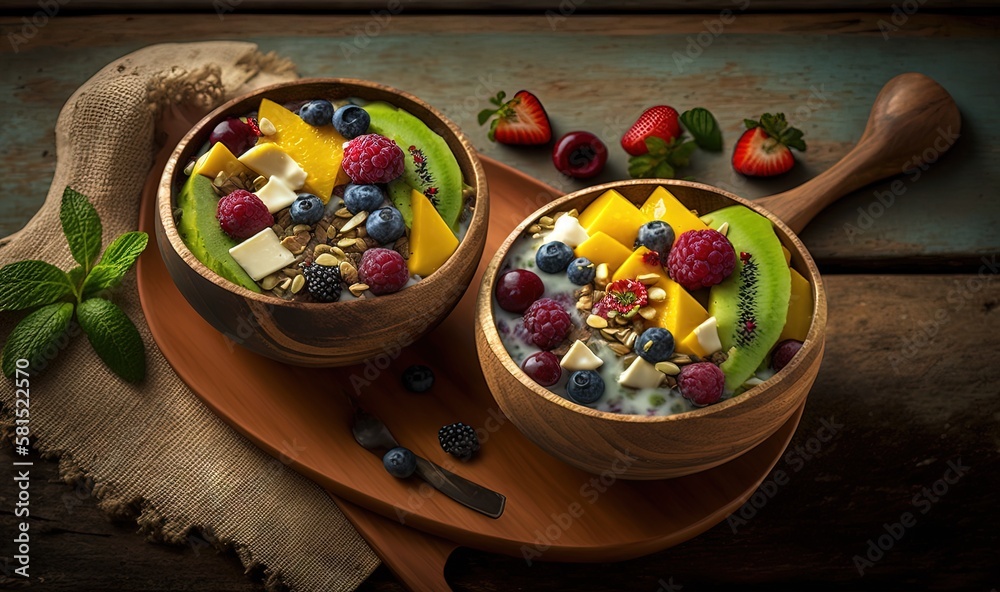  a couple of bowls filled with fruit and nuts on top of a wooden tray next to a spoon and a wooden s