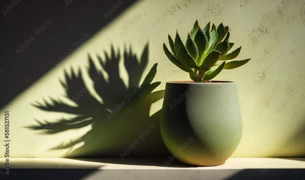  a green potted plant sitting next to a shadow of a plant on a wall with a shadow cast on the wall b