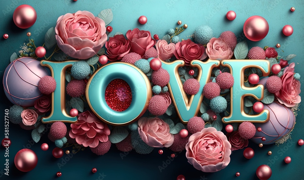  the word love is surrounded by flowers and balls on a blue background with pink and red balls and f