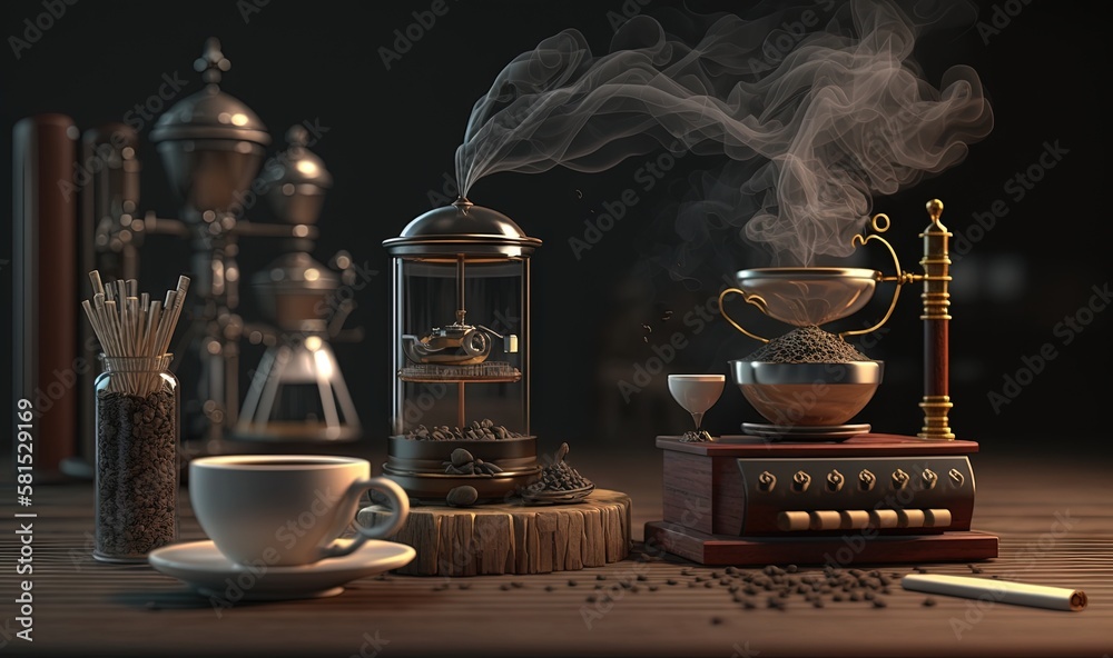  a coffee grinder, a cup of coffee, and a cigarette are on a table next to a stack of coffee beans a