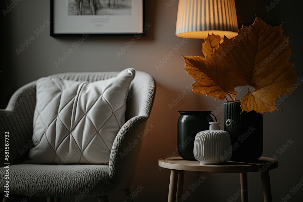 Interior design of aesthetic and minimalist living room. Illustration AI Generative