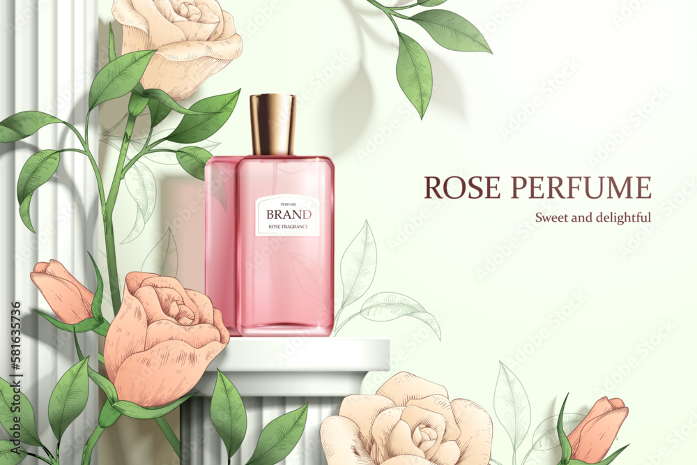 Engraved delicate rose perfume ad