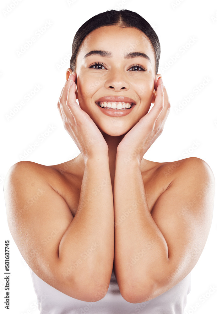 Facial and cosmetic portrait of a happy woman with clear, soft skin isolated on a png background. De