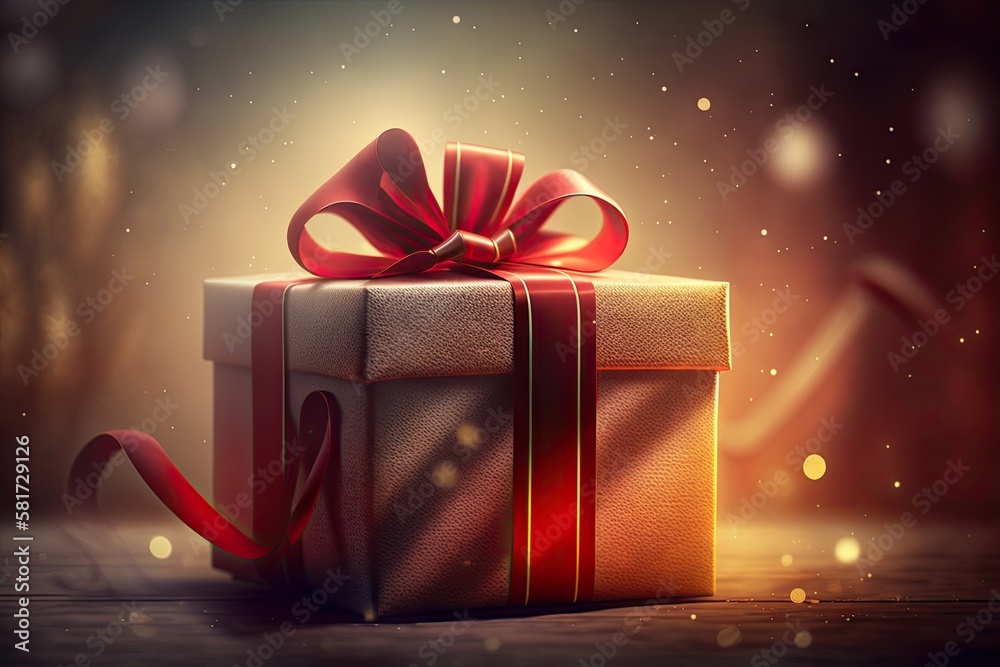 Gift box with a red ribbon tied around it, blurred bright lighting background. Generative AI