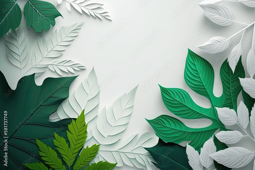 an area of white with green foliage. creating a background with white paper. Lay flat. the leafs to