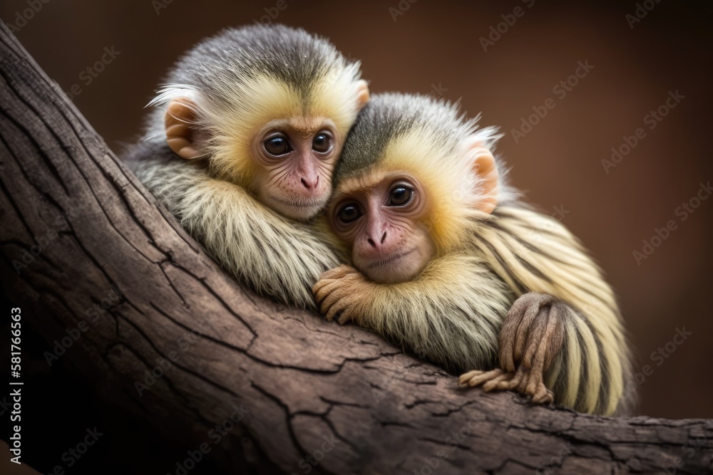 adorable monkeys cuddling on a tree. Generative AI